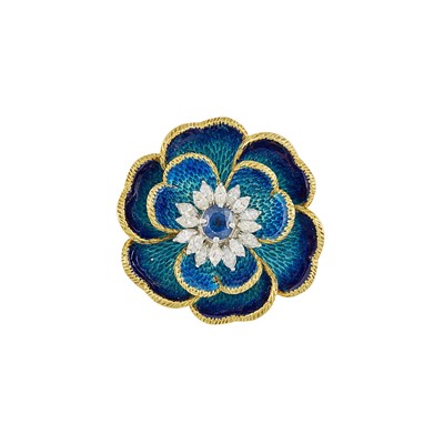 Lot 2138 - Gold, Blue Enamel, Sapphire and Diamond Flower Brooch