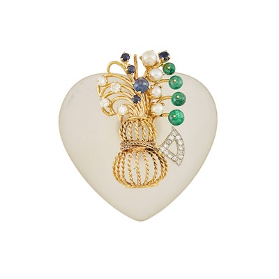 Lot 2212 - Tricolor Gold, Carved Frosted Rock Crystal, Cabochon Sapphire, Sapphire, Emerald Bead, Cultured Pearl and Diamond Pendant
