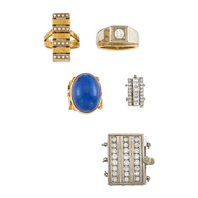 Lot 2228 - Group of Two-Color Gold, Lapis and Diamond Rings and Two White Gold and Diamond Clasps