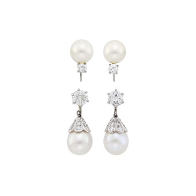Lot 2077 - Two Pairs of Platinum, Cultured Pearl and Diamond Earclips and Pendant-Earclips