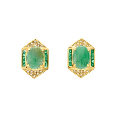 Lot 1239 - Pair of Gold, Jade, Emerald and Diamond Earrings