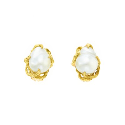 Lot 1104 - Pair of Gold and Baroque Pearl Earrings