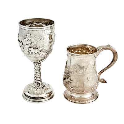 Lot 525 - George III Sterling Silver Hunt Mug and a Silver Plated Hunt Goblet