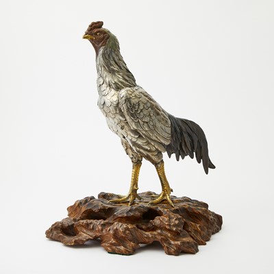 Lot 510 - Japanese Silvered Bronze Okimono of a Cockerel