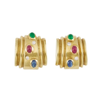 Lot 2174 - Pair of Gold, Cabochon Colored Stone and Diamond Earrings