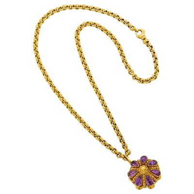 Lot 1075 - Antique Double-Sided Gold and Amethyst Pendant with Long Gold Circle Link Chain Necklace