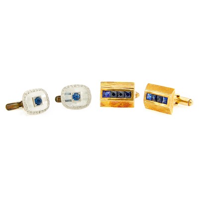 Lot 2225 - Two Pairs of Gold, White Gold, Synthetic Sapphire and Cabochon Synthetic Sapphire Cufflinks