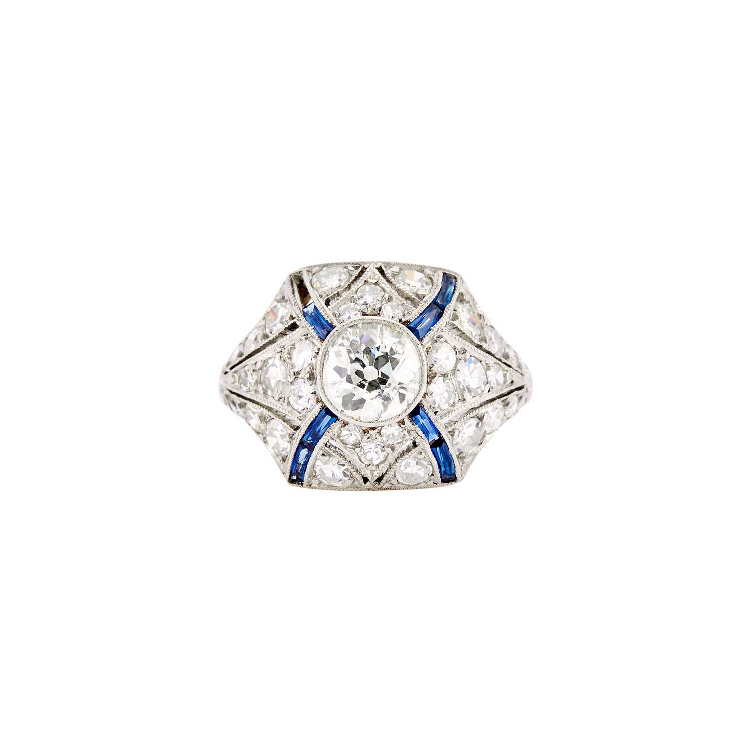 Lot 1180 - Platinum, Diamond and Synthetic Sapphire Ring