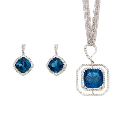 Lot 1274 - White Gold, Blue Topaz and Diamond Pendant with Multistrand Chain Necklace and Pair of Pendant-Earrings
