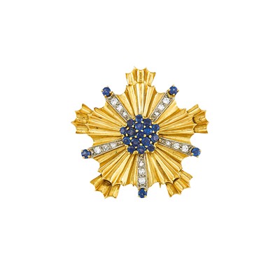 Lot 2174 - Two-Color Gold, Sapphire and Diamond Clip-Brooch