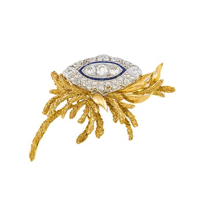 Lot 2252 - Platinum, Gold, Diamond and Synthetic Sapphire Brooch