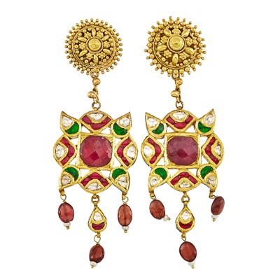 Lot 2131 - Pair of Indian Gold, Foil-Backed Gem-Set and Diamond and Jaipur Enamel Pendant-Earrings