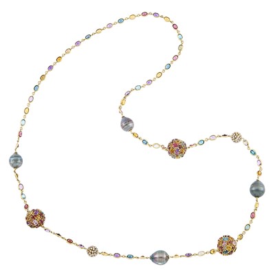Lot 2185 - Long Colored Stone, Gray Tahitian Cultured Pearl and Diamond Necklace