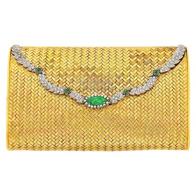 Lot 113 - Tricolor Gold, Platinum, Emerald and Diamond Clutch Evening Bag