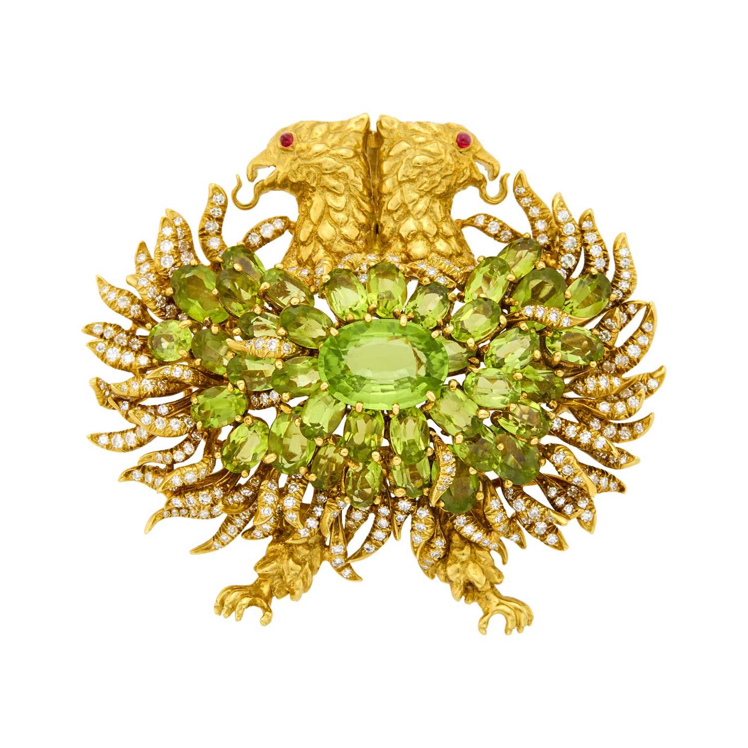 Lot 121 - Julius Cohen Gold, Peridot and Diamond Double Griffin Pendant-Brooch