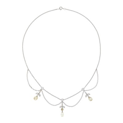 Lot 148 - Platinum, Colored Diamond and Diamond Briolette Swag Fringe Necklace
