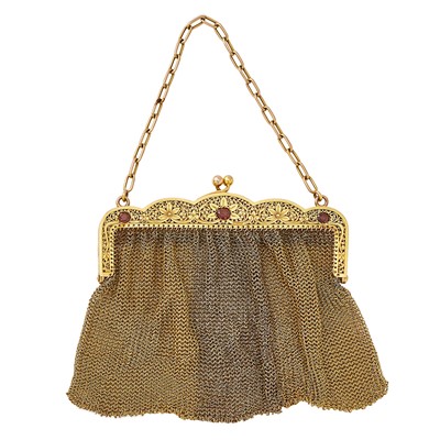 Lot 2056 - Two-Color Low Karat Gold and Garnet Mesh Purse with Carrying Chain