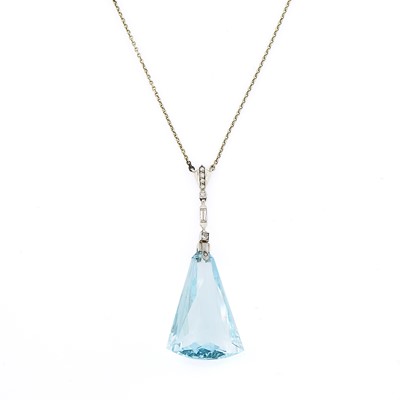 Lot 2088 - Platinum, Aquamarine and Diamond Pendant with Chain Necklace