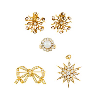 Lot 2170 - Pair of Gold and Diamond Earrings, Star Pendant-Brooch, Bow Brooch and Cultured Pearl and Diamond Ring