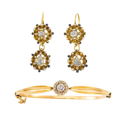 Lot 2072 - Pair of Gold, Diamond and Black Enamel Pendant-Earrings and Rose Gold and Diamond Bangle Bracelet