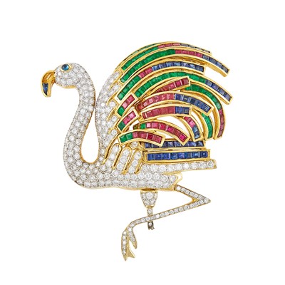 Lot 2137 - Two-Color Gold, Colored Stone and Diamond Flamingo Brooch Fragment