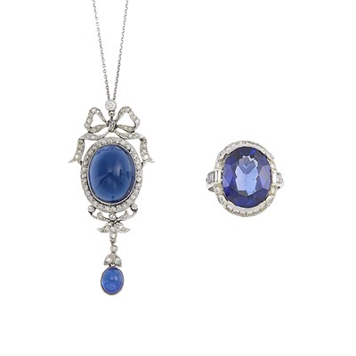 Lot 2083 - Platinum, Silver, Gold, Synthetic Sapphire and Diamond Ring and Pendant with Chain Necklace