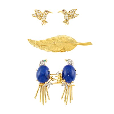 Lot 2222 - Two Gold, Lapis and Diamond Bird and Feather Pins and Pair of Earrings