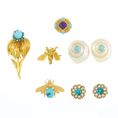 Lot 2280 - Group of Gold, Turquoise, Shell and Amethyst Jewelry