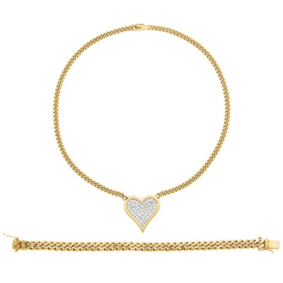 Lot 2210 - Two-Color Gold and Diamond Heart Pendant with Curb Link Chain and Bracelet