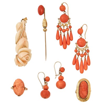 Lot 2200 - Group of Gold, Coral and Freshwater Cultured Pearl Jewelry