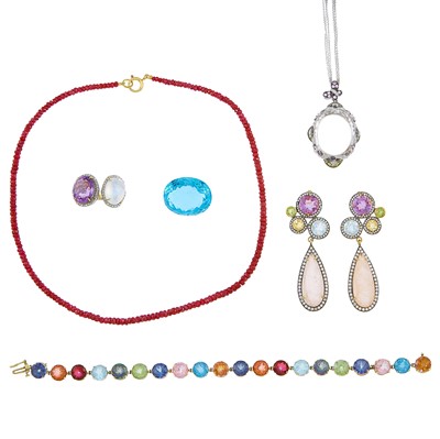 Lot 2277 - Group of White and Yellow Gold, Silver, Colored and Simulated Stone, Ruby Bead Jewelry and Unmounted Stone