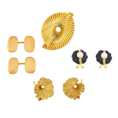Lot 2255 - Group of Gold, Rose Gold, Fluted Black Onyx, Cultured Pearl, Emerald and Diamond Jewelry