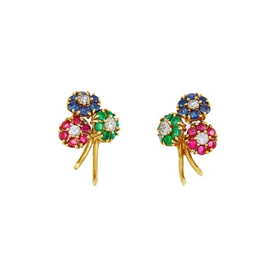 Lot 2135 - Pair of Gold, Gem-Set and Diamond Bouquet Earrings