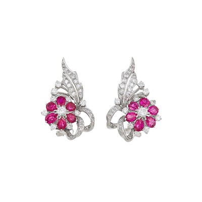 Lot 2244 - Pair of White Gold, Ruby and Diamond Flower Earrings