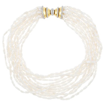 Lot 2229 - Twelve Strand Freshwater Pearl Necklace with Two-Color Gold and Diamond Clasp