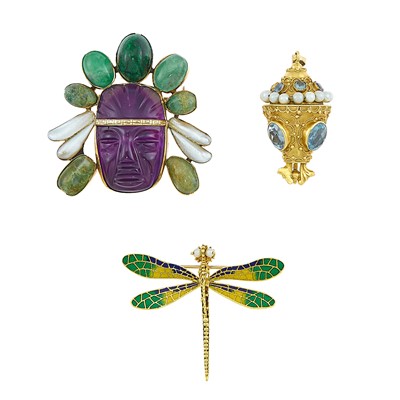 Lot 2266 - Gold, Gem-Set and Enamel Dragonfly Brooch and Two Pendants