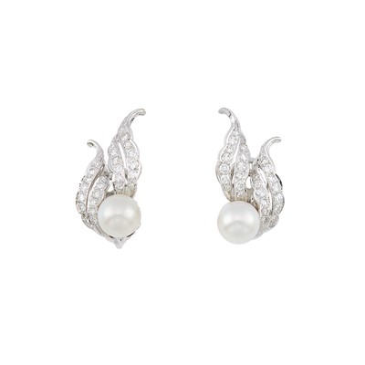 Lot 2214 - Attributed to Kurt Wayne Pair of White Gold, Cultured Pearl and Diamond Earclips