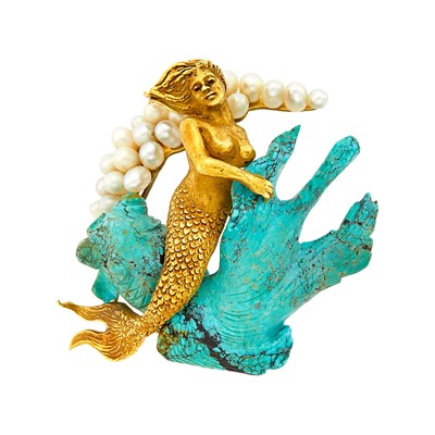 Lot 46 - E. Pearl Gold, Carved Turquoise and Freshwater Pearl Koi Fish and Mermaid Brooch