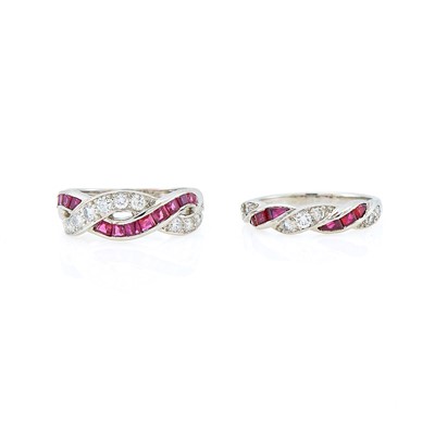 Lot 2243 - Tiffany & Co. Pair of Platinum, Ruby and Diamond Band Rings