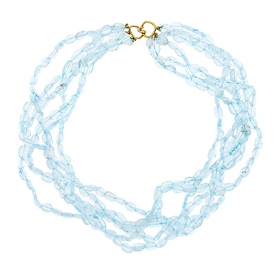 Lot 2232 - Maz Multistrand Aquamarine Bead Necklace with Gold Clasp