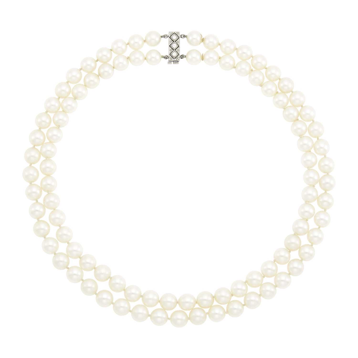 Lot 2072 - Cartier Double Strand Cultured Pearl Necklace with Platinum and Diamond Clasp