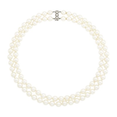 Lot 2072 - Cartier Double Strand Cultured Pearl Necklace with Platinum and Diamond Clasp