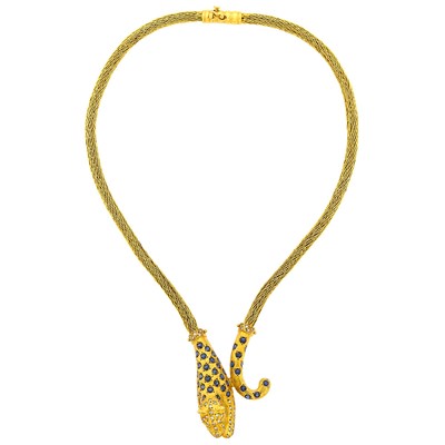 Lot 92 - Braided Gold Mesh, Sapphire and Diamond Leopard Necklace