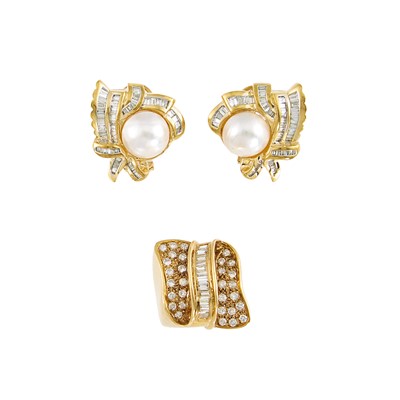 Lot 2117 - Pair of Two-Color Gold, Mabé Pearl and Diamond Earrings and Ring