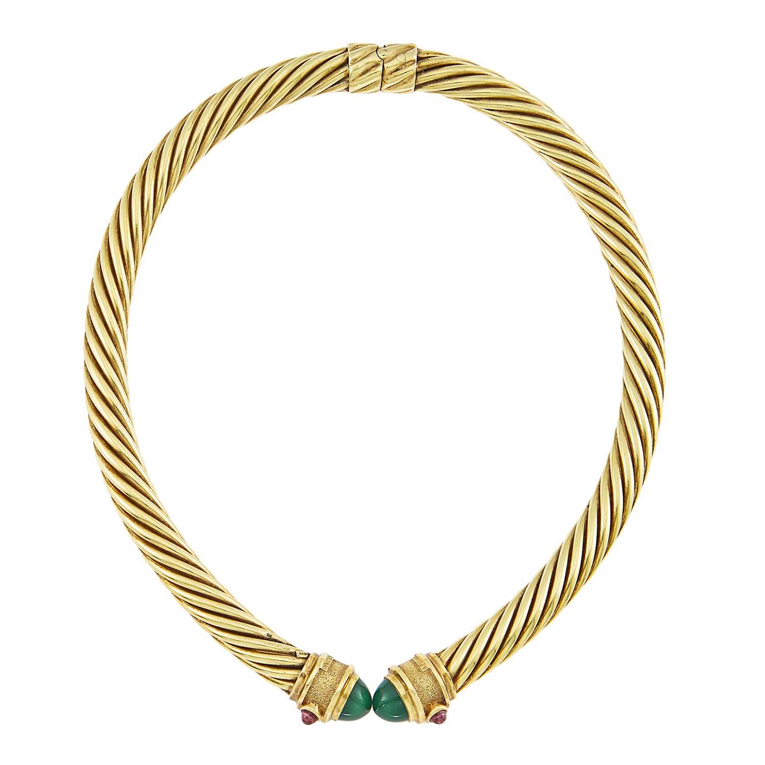 Lot 2213 - David Yurman Gold, Green Onyx and Cabochon Pink Tourmaline Collar Necklace