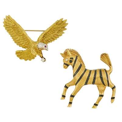 Lot 2254 - Gold and Enamel Zebra Brooch and Two-Color Gold Eagle Brooch