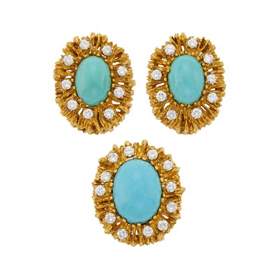 Lot 1004 - Pair of Gold, Turquoise and Diamond Earclips and Ring