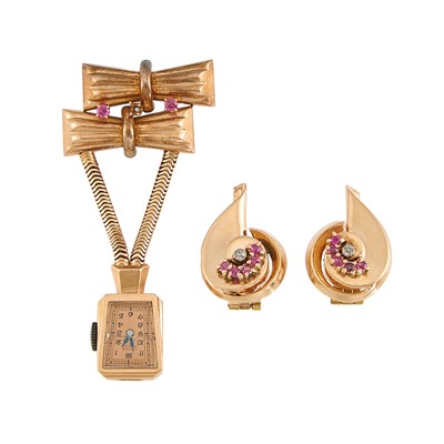 Lot 2224 - Pair of Rose Gold, Ruby and Synthetic Ruby Earclips and Lucien Picard Lapel Watch-Brooch