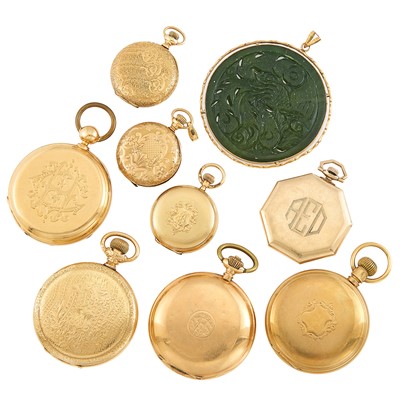 Lot 2241 - Group of Gold-Filled and Gold Pocket Watches and Jade Pendant