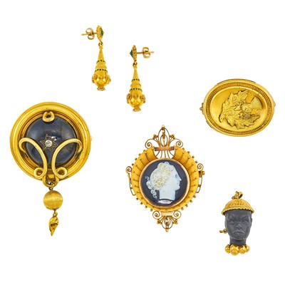 Lot 2074 - Group of Antique Gold, Black Onyx, Ebony and Sardonyx Cameo Jewelry